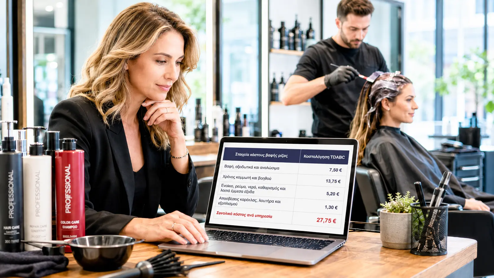 Ιδιοκτήτρια κομμωτηρίου ελέγχει σε laptop την κοστολόγηση για βαφή ρίζας με βάση το TDABC.