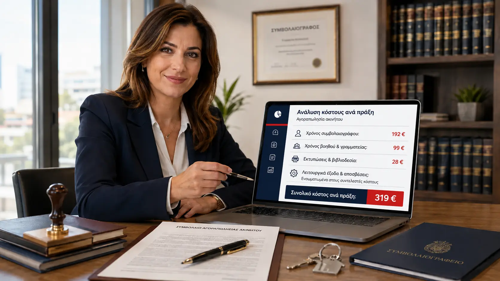 Γυναίκα συμβολαιογράφος παρουσιάζει σε laptop την κοστολόγηση συμβολαίου αγοραπωλησίας ακινήτου με το Affordable Costing.